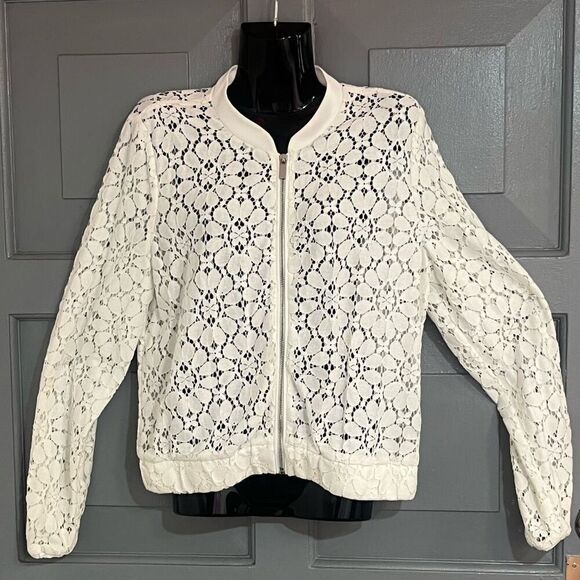 Laundry by Shelli Segal White Lace Bomber Jacket Sz 10 - Picture 1 of 7